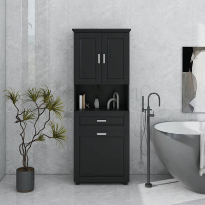 Grande armoire de salle de bain avec panier à linge, grand panier à linge inclinable et armoire de rangement supérieure,