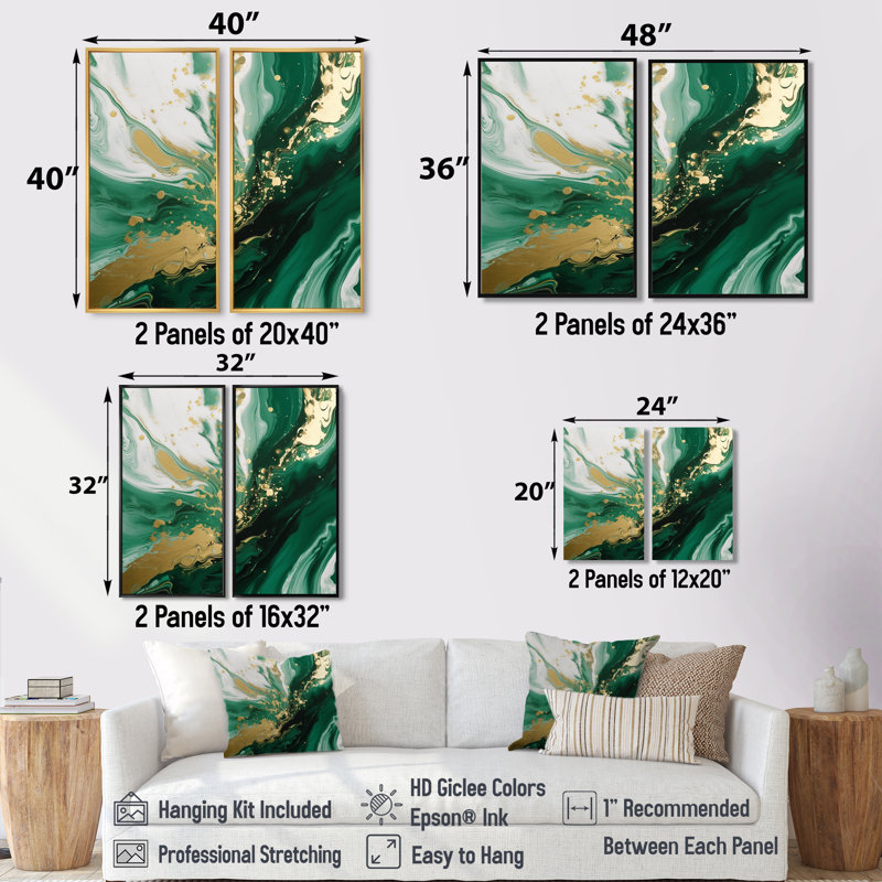 Vert et or Serene Cascade III - Art mural vert 2 panneaux, H 36 po x l 48 po, Impression encadrée flottante, Blanc