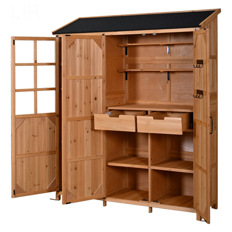 Topmax 60.6X19.3X71.6Inch Large Patio Garden Shed With Waterproof Roof, 3 Doors Storage Cabinet With Workstation, 7 Storage Shelves, 2 Drawers And 6 Hooks For Backyard