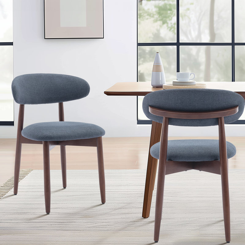 Solid Wood Upholstered Dining Chair - Ergonomic Curved Back, Comfort Fabric, Blue