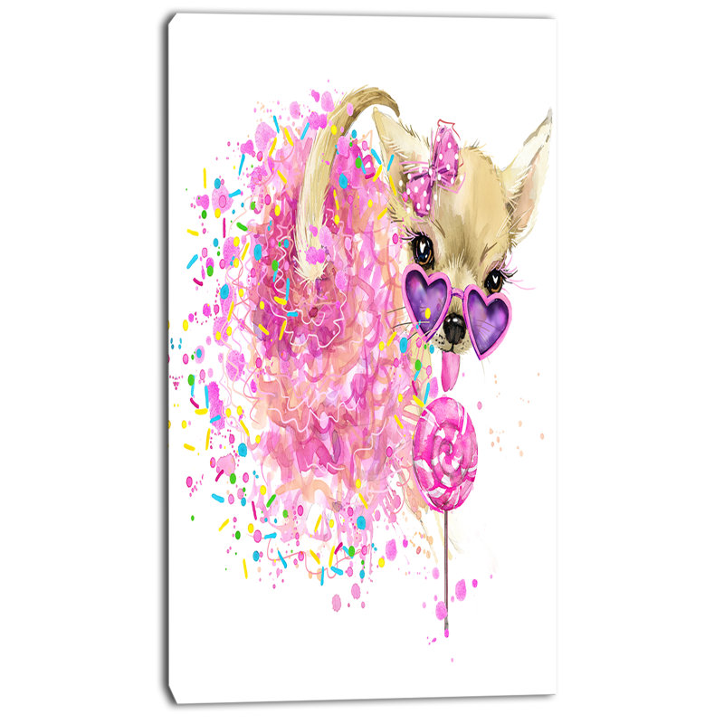 « doux dog rose avec verres », reproduction d’art sur toile tendue, H 32 po x l 16 po x P 1 po