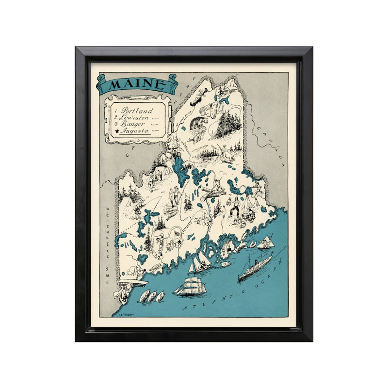 Carte illustrée du Maine, Cadre noir, Canevas, H 08 po x l 10 po