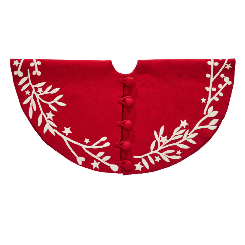 Handmade Red Felt Christmas Tree Skirt with Cream Branches and Stars - 60"