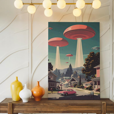 Retro Futuristic Alien Invasion Canvas1950s Sci Fi Neighborhood Art Canvas Wall Art Ready To Hang Gallery Wrapped Home Decor Modern Design