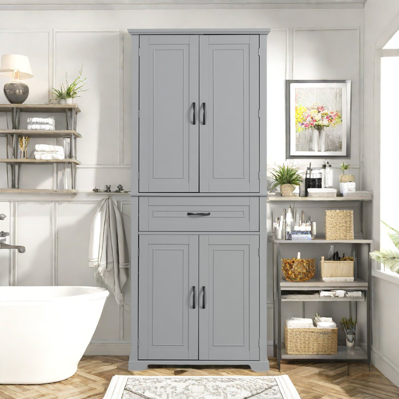 Armoire de rangement avec tiroir et tablettes réglables Stepheny, Gris, L 29,8 po x H 72,1 po x P 15,6 po