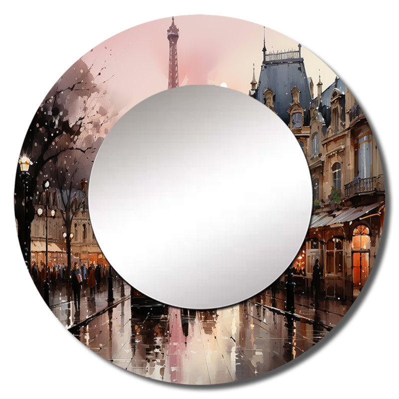 Rendez-vous rose à Paris I - miroir unique de Paris, grand miroir mural rond traditionnel, impression d'art en métal