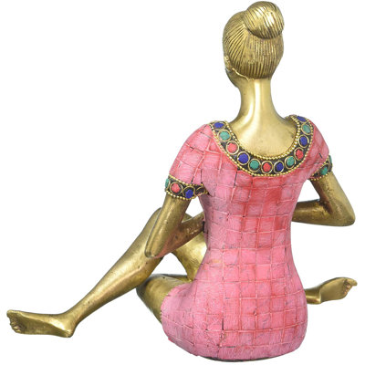 Brass Namaste Yoga Lady Statue with Gemstone Inlay, 9 in. Seated Meditation Figurine – Handcrafted Indian Spiritual Decor for Living Room & Yoga