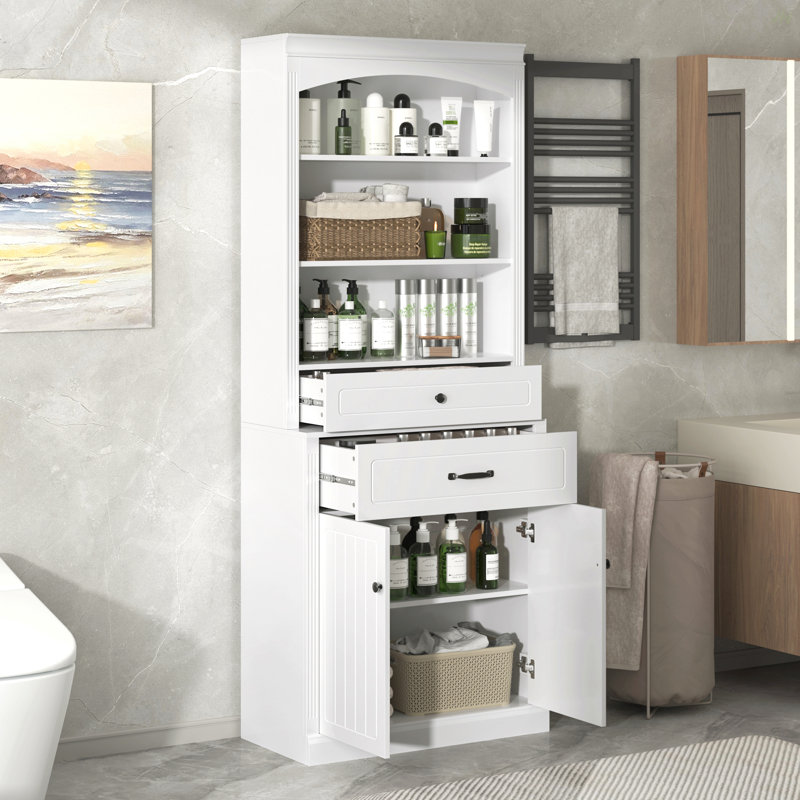 Armoire de rangement blanche avec deux portes, tiroirs, tablette réglable et trois tablettes ouvertes - fabrication en panneau de fibres à densité moyenne durable