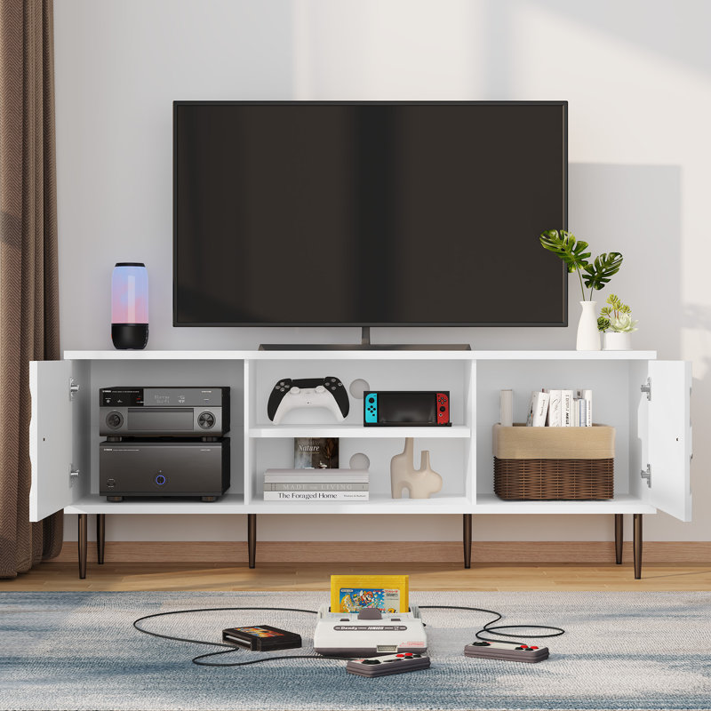 Contemporary TV Stand for 55-75 Inch TVs, Entertainment Center with Storage Cabinets and Open Shelves, Textured Pattern Console for Living Room