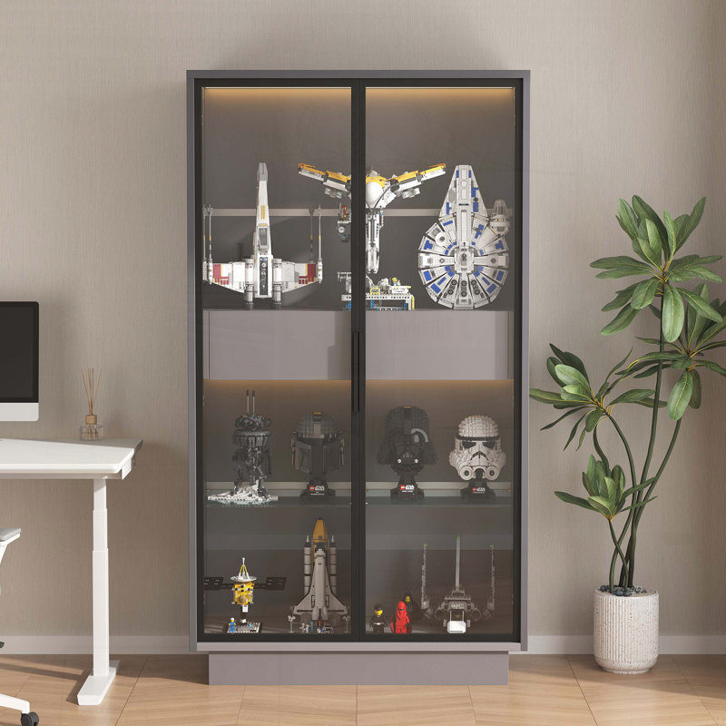 60.6" Glass Door Display Cabinet with LED Lighting and Drawers