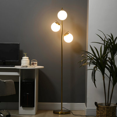 3-Light Modern Floor Lamps For Living Room, Tree Standing Lamp For Bedroom With Globe Lampshade, Steel Base, (Bulb Not Included), Gold