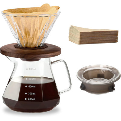20 oz Borosilicate Glass Carafe with 100 pcs Size 02 Paper Filter, Walnut Handle & Glass Lid