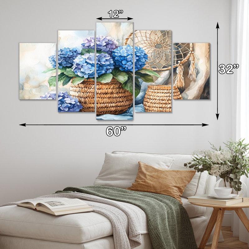 Boho Blue Hydrangea Bliss I - Hydrangea Wall Art - Traditional Wall Art Decor, 32'' H x 60'' W, 5