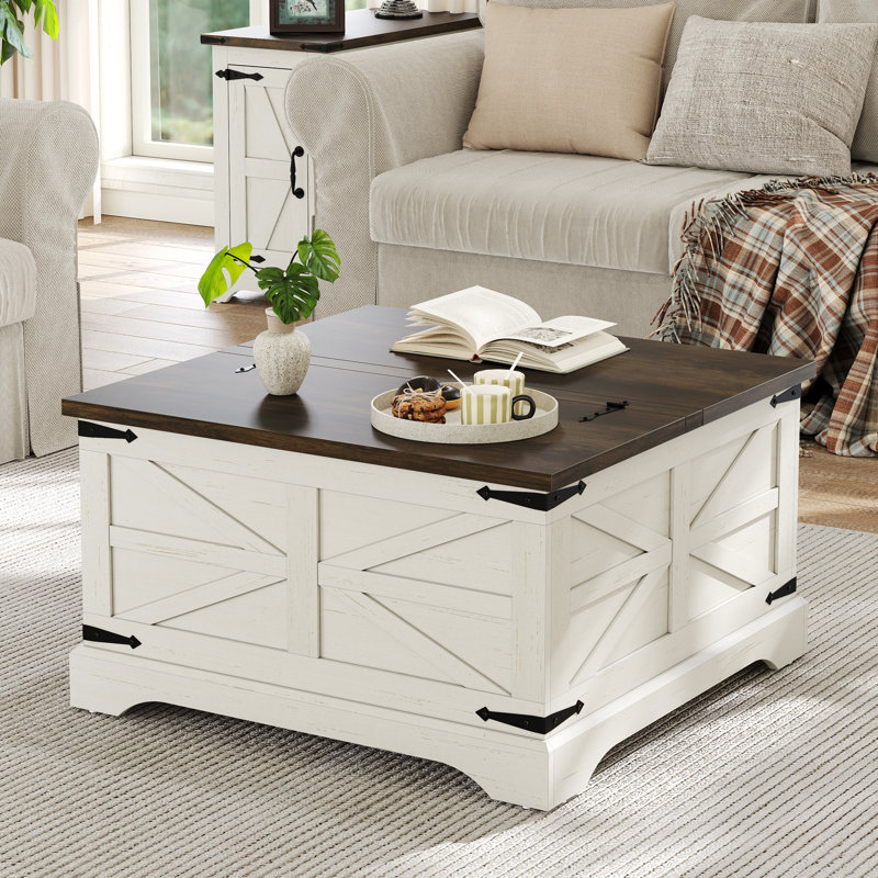 Jareal Coffee Table,Farmhouse Lift Top Coffee Table,Square Coffee Table with Storage for Living Room, White, Rustic Brown