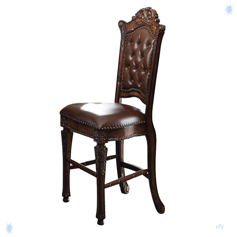 Cherry Faux Leather Tufted Counter Height Stools with Nailhead Trim