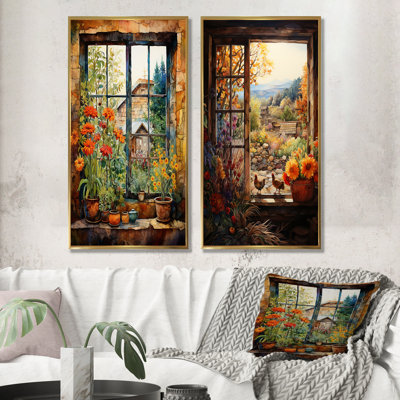 Brown Farmhouse Window Blooms In Summer II - Farm Windows Wall Art Prints Set Of 2