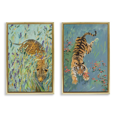 Ensemble de 2 cadres flottants Prowling Tiger & Leopard Habitats, design par Amanda Tsoukanelis