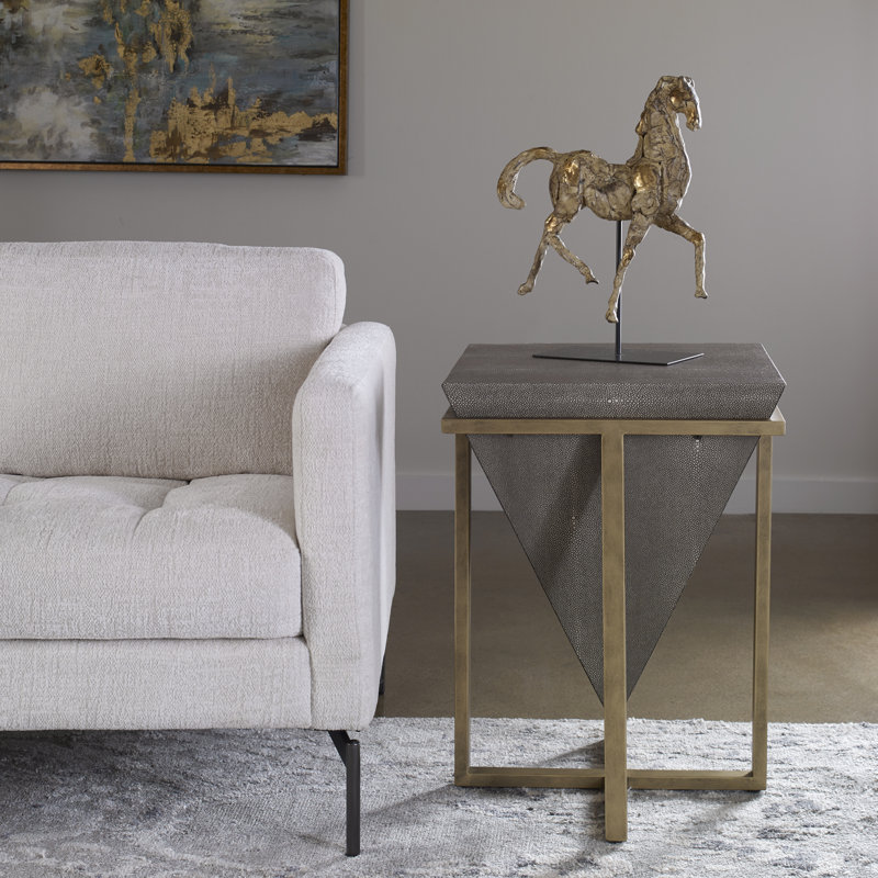 Sakcham Solid Wood Top End Table, Gray Faux Shagreen/Aged Gold