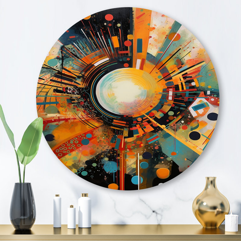 Orange Retro Vibe Background IV - Modern Geometric Metal Round Wall Art, 16" H x 16" W x 1" D