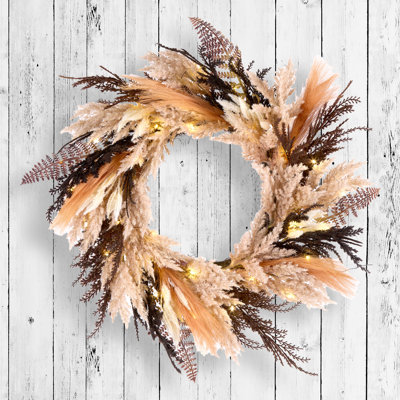 26in. Orange and Black Pampass Wreath with LED Lights