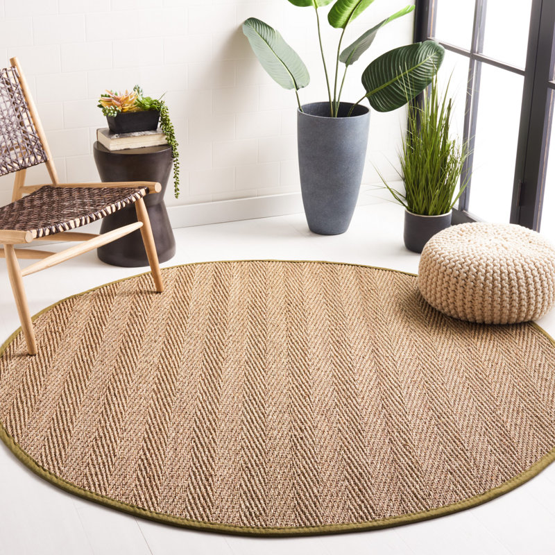 Auckland Bamboo Slat/Seagrass Natural/Olive Area Rug, Round 6'