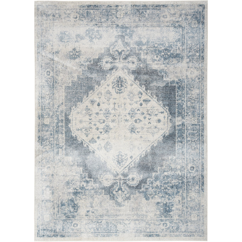 Privette Machine Washable Persian Blue/Ivory Area Rug, Rectangle 5'3" x 7'