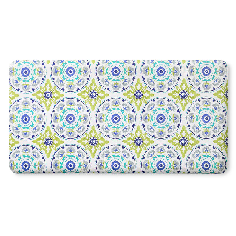 FIESTA Mali Tiles Geo Trellis Anti-Fatigue Comfort Non-Slip Kitchen Mat, Blue/Green/White