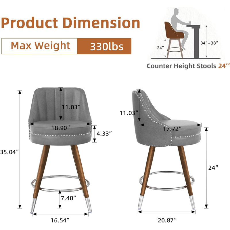 Markelian Counter Height Bar Stools Set of 4 with Backs, 24" Swivel Bar Stools with Wood Legs for Kitchen, Gray/Silver, 4