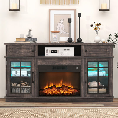 Meuble télé avec foyer à lumière incurvée pour téléviseur de 65 po ou moins, meuble télé avec foyer électrique de 23 po, meuble télé avec armoires de rangement à porte vitrée et tablettes ouvertes pour le salon