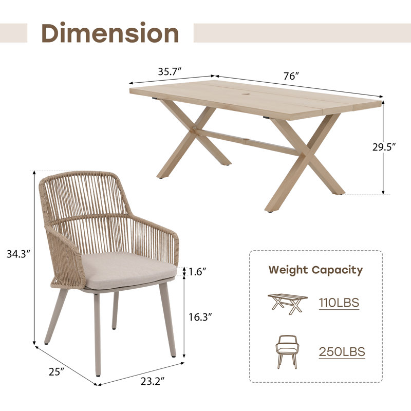 Ensemble repas d'extérieur rectangulaire avec coussins, Beige / beige, 8