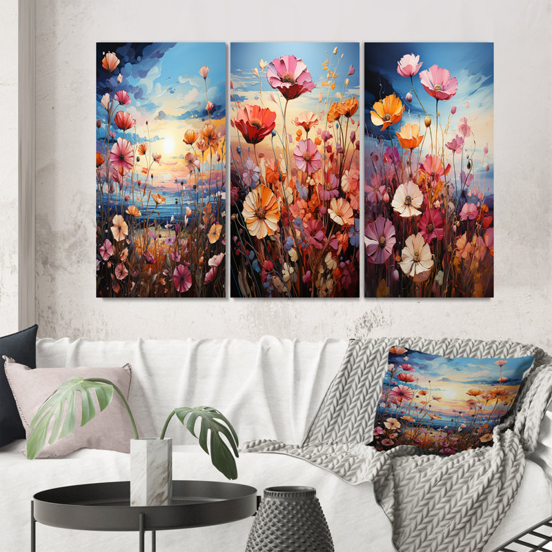 «Purple Wildflowers Symphony», 3 pièces sur toile, Encadrement doré, H 28 po x l 36 po
