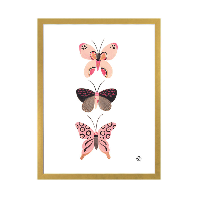 «Butterfly Trio», art encadré, H 32 po x l 24 po x P 1 po, Papier encadré doré