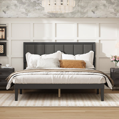 Solid Wood Frame Bed With Upholstered Headboard.