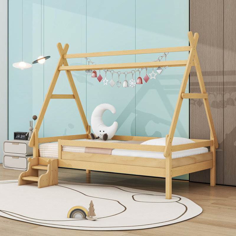 Wood Low Profile House Platform Bed, Natural, Twin