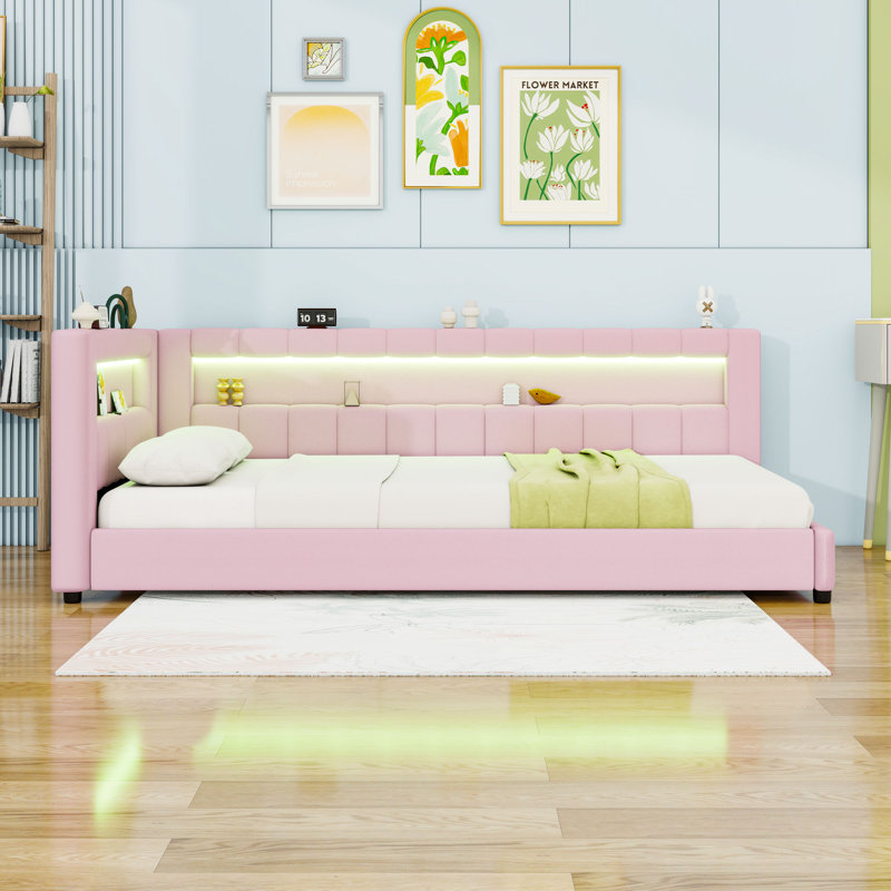 Lit de jour rembourré élégant avec éclairage DEL et ports USB intégrés, Très grand simple, Rose