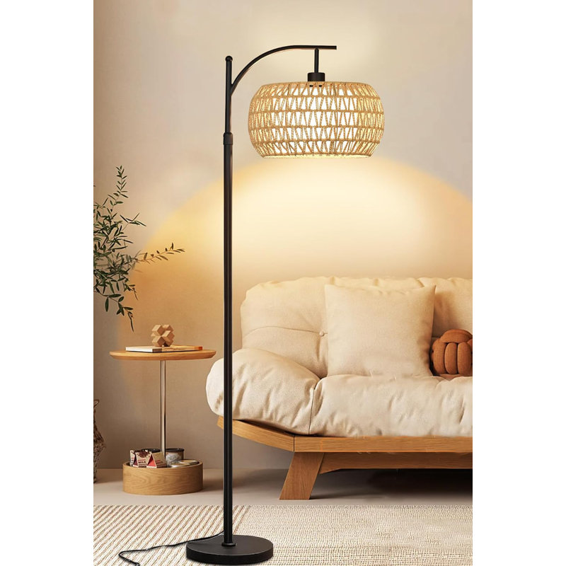 Rattan Arc Floor Lamp With Remote, Dimmable LED, 3 Color Temperatures, Adjustable Height & Angle