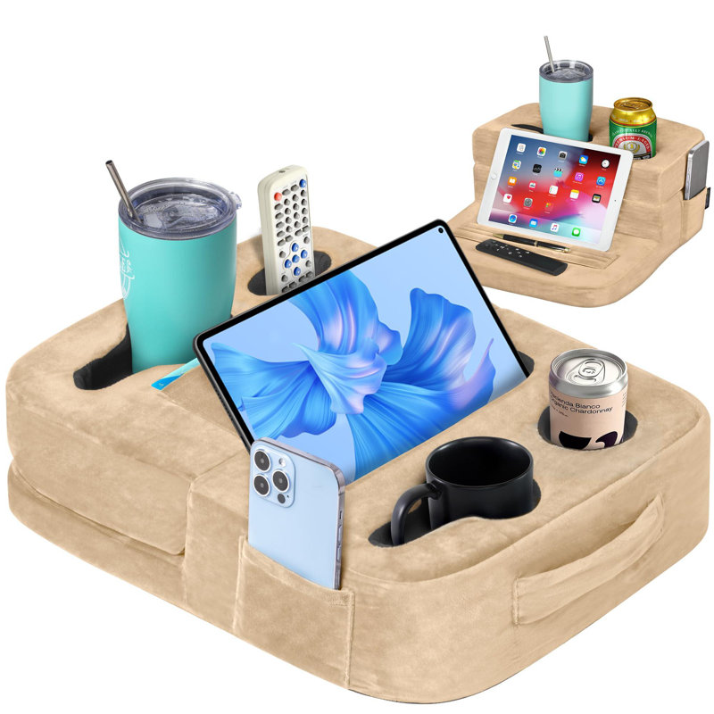 Coussin porte-gobelet pour canapé - lit, canapé, canapé, véhicule récréatif et voiture - peut contenir des boissons, des collations, des télécommandes, des téléphones, des tablettes, des tablettes | Porte-gobelet de lit (beige)