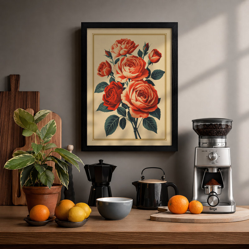 Roses In Bloom Botanical - Print, Black, A4 - 29.7 x 21.0 cm
