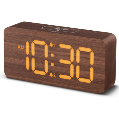 Wooden Digital Alarm Clocks For Bedrooms: Dimmable Dual Alarm Clock With Large Numbers For Bedside Desk - Brown
