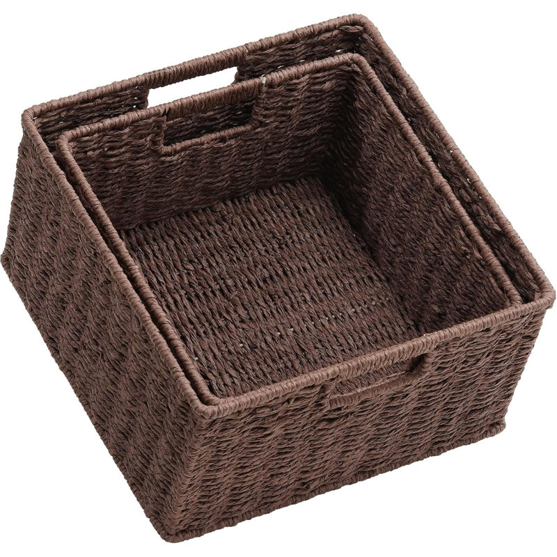 Paniers de rangement pour l'organisation, paniers décoratifs en corde de papier tissés pour le rangement avec poignées de transport, ensemble de 2