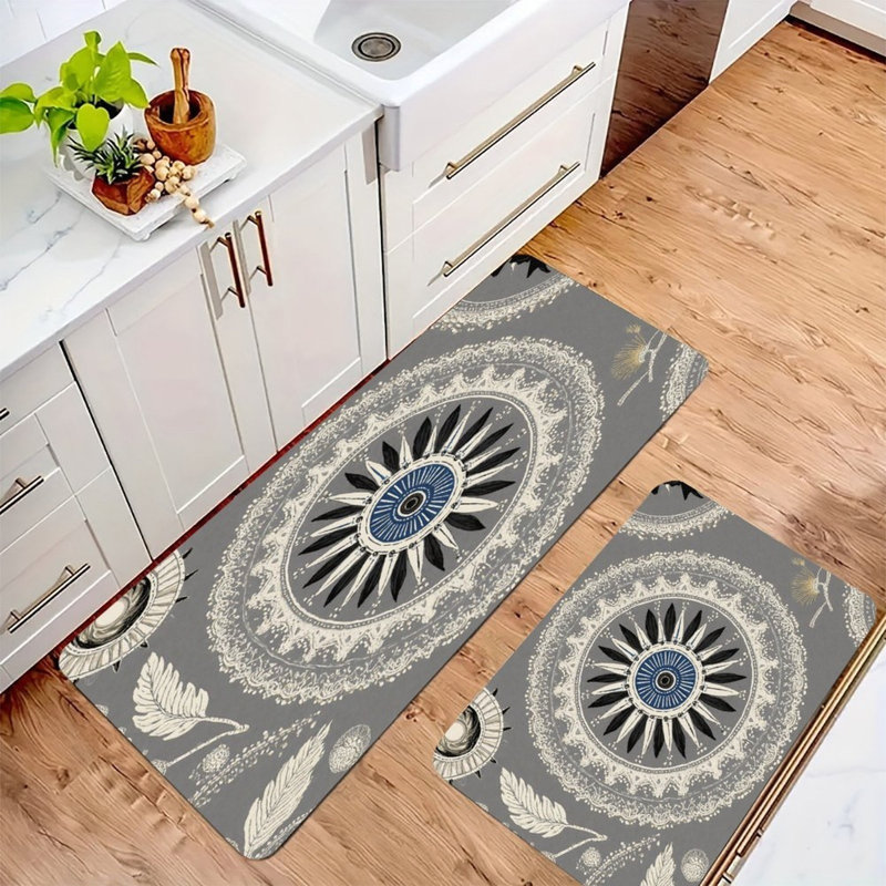 Gray Retro Decorative Pattern, Kitchen Mats Set Of 2, Gray Starburst