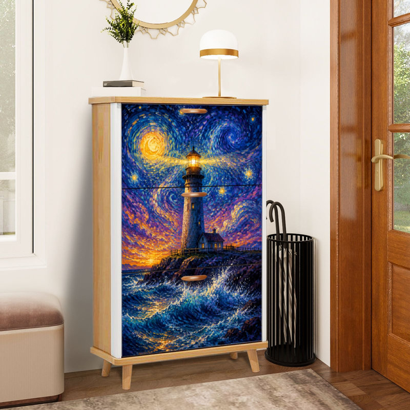 Rangement pour chaussures avec 3 tiroirs rabattables pour le phare sous un ciel étoilé tourbillonnant