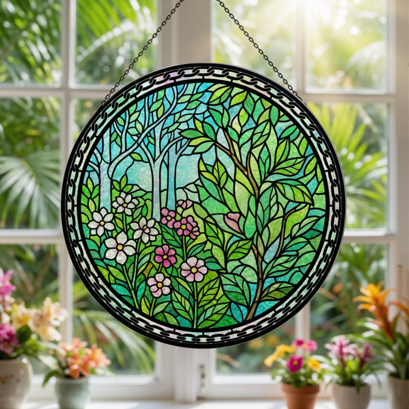 Panneau de vitrail à fleurs 7,8 "H Forest, H 7,8 po x l 7,8 po
