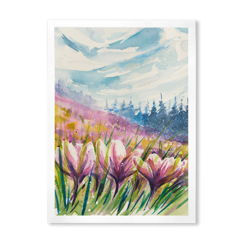 «Crocuses Meadow In Abstract Mountains», art mural traditionnel sur toile, Toile avec cadre blanc, H 32 po x l 16 po x P 1 po