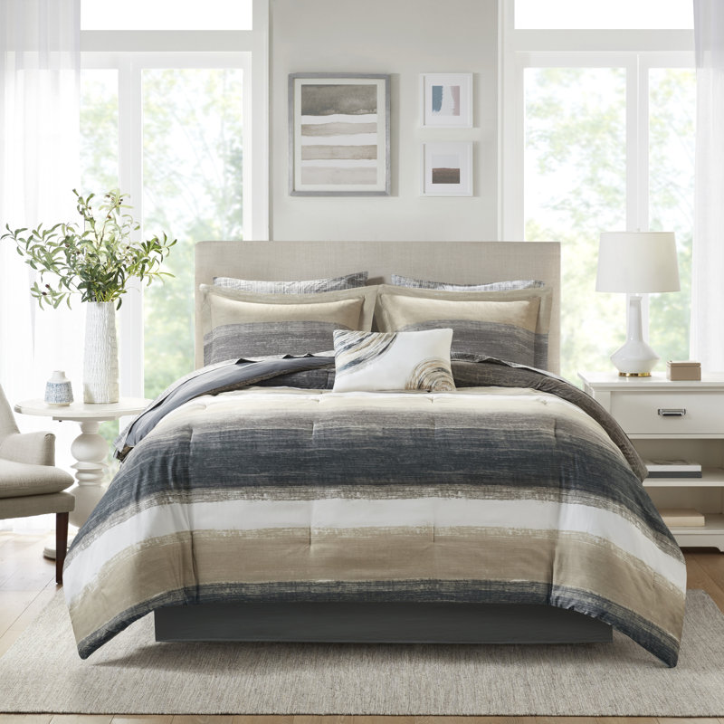 Saben Black Striped 9-Piece Queen Comforter Set with 100% Cotton Bed Sheets, Queen Comforter + 8 Additional Pieces, Black