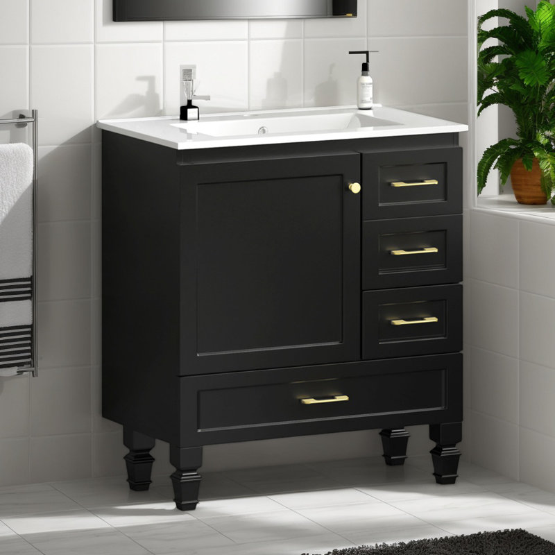 Meuble-lavabo noir 30 po avec lavabo en céramique intégré, armoire de rangement abondante, 1 porte à fermeture en douceur et 3 tiroirs pour les petites et moyennes toilettes