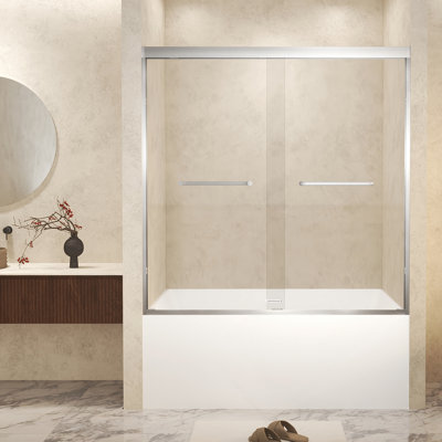 Verre trempé 56-60 "x 60" avec film antidéflagrant, porte de douche coulissante double en aluminium, 1/4 "(6 mm), poignée en acier inoxydable, nickel brossé