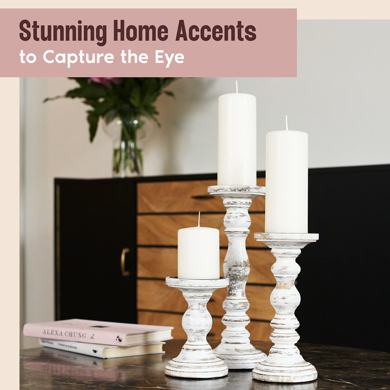 12'' Handcrafted Mango Wood Pillar Candle Holder Set – Rustic 3-Piece Set for LED Candles, Rustic White