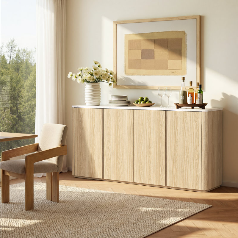 Corentin 67" Sideboard Modern Faux Travertine Wood 4 Doors Buffet Coffee Bar With Adjustable Shelves For Kitchen, Natural Oak