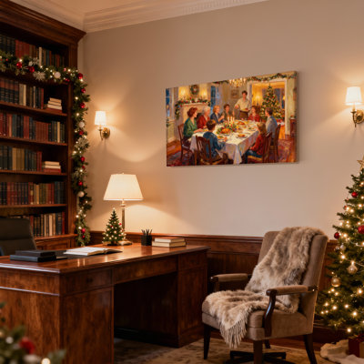 Ensemble de 3 reproductions d'art sur toile, "Christmas Family Gathering Around Christmas Table"